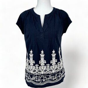 Retrology Embroidered Boho Short Sleeve Pin Tuck Ruched Blouse (S)